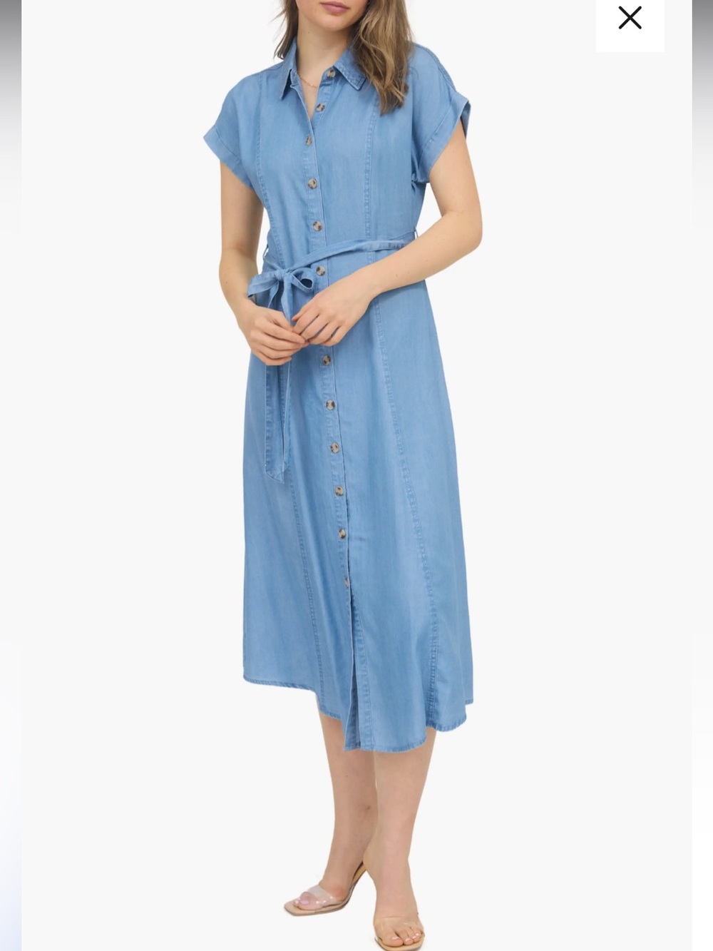 New August Sky Sz Medium Blue Chambray Jean Button Front Midi Dress Ret $69!